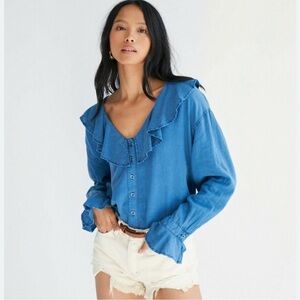 FREE PEOPLE WE THE FREE Amber Ruffle‎ Top Blue Linen Blend XS